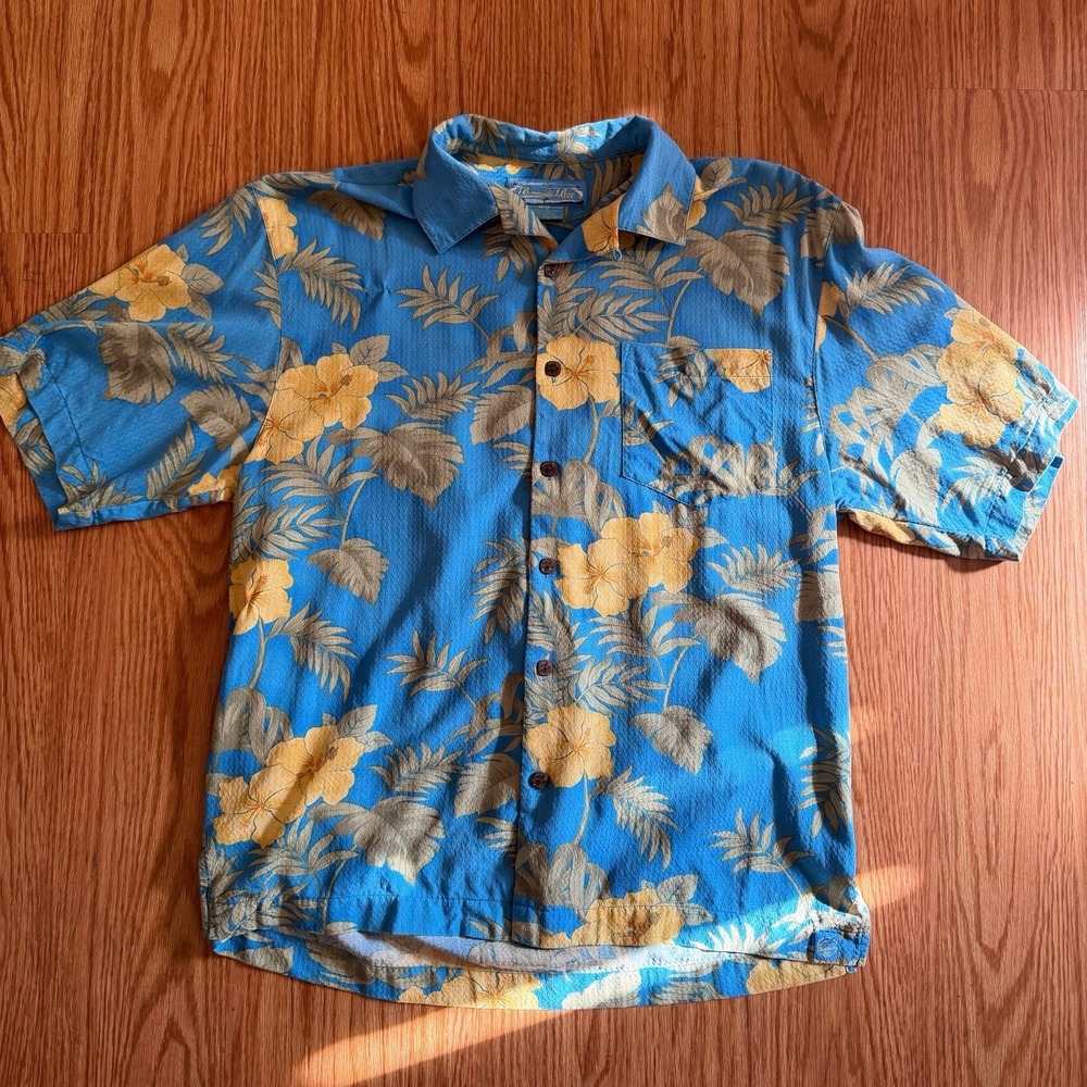 100% Silk Hawaiian Beach Shirt Blue Hibiscus Tropical Mens Medium Bermuda Bay